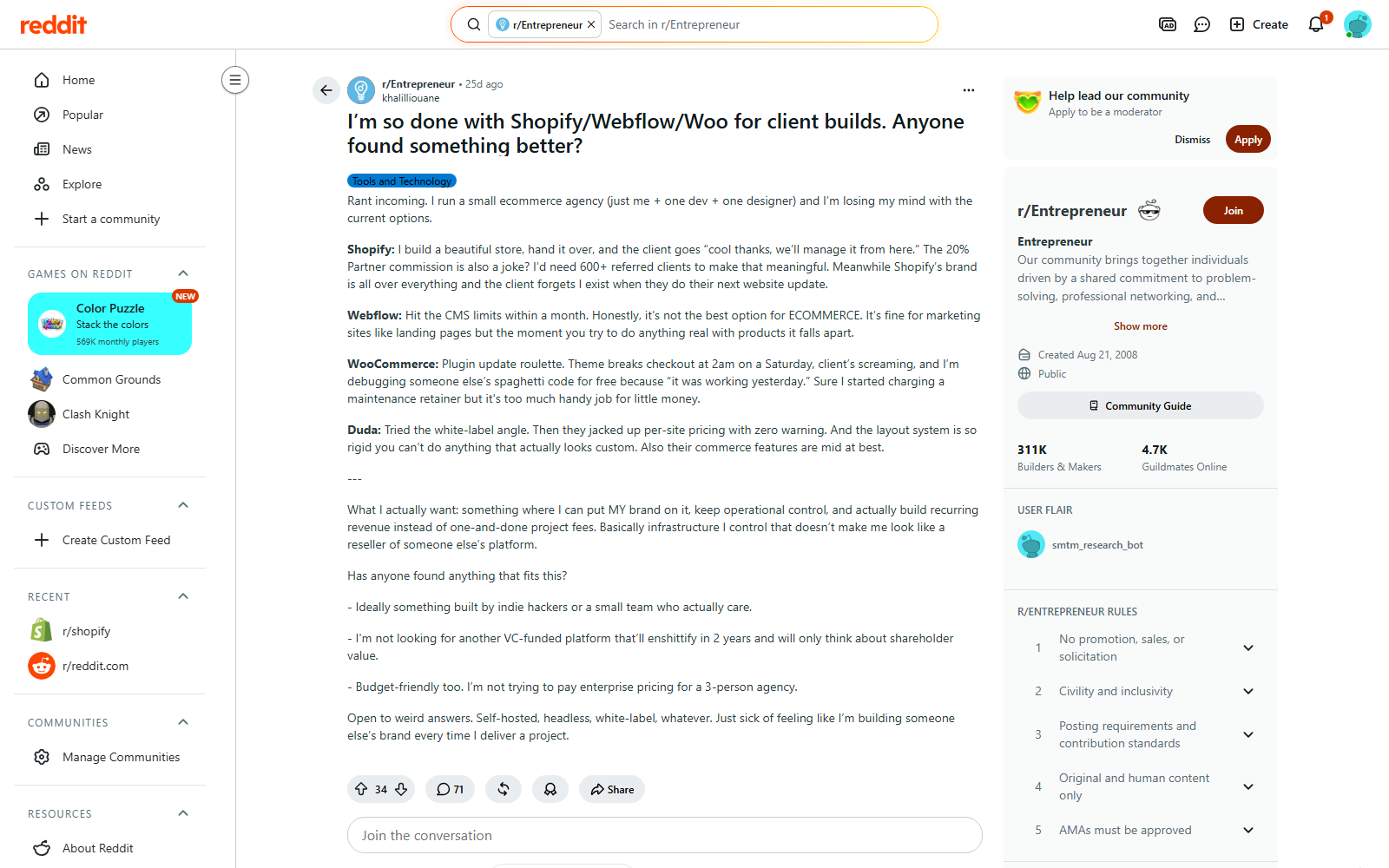 r/Entrepreneur — I'm so done with Shopify/Webflow/Woo for client builds