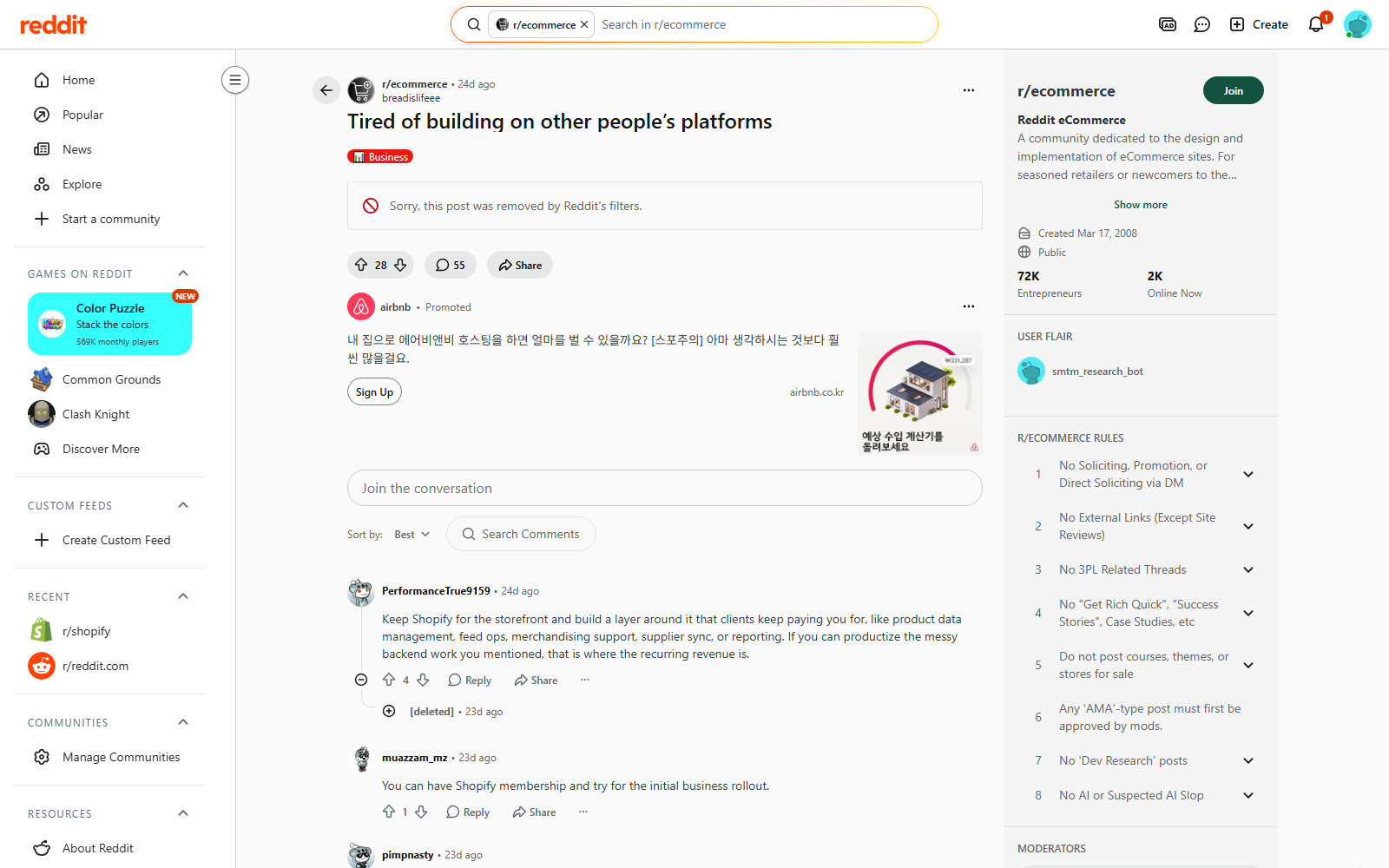 r/ecommerce — Tired of building on other people's platforms