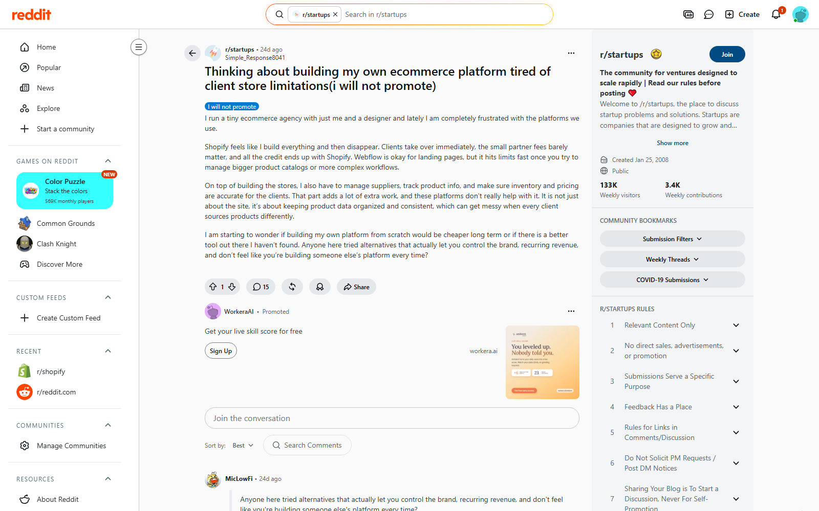 r/startups — Thinking about building my own ecommerce platform — tired of limitations